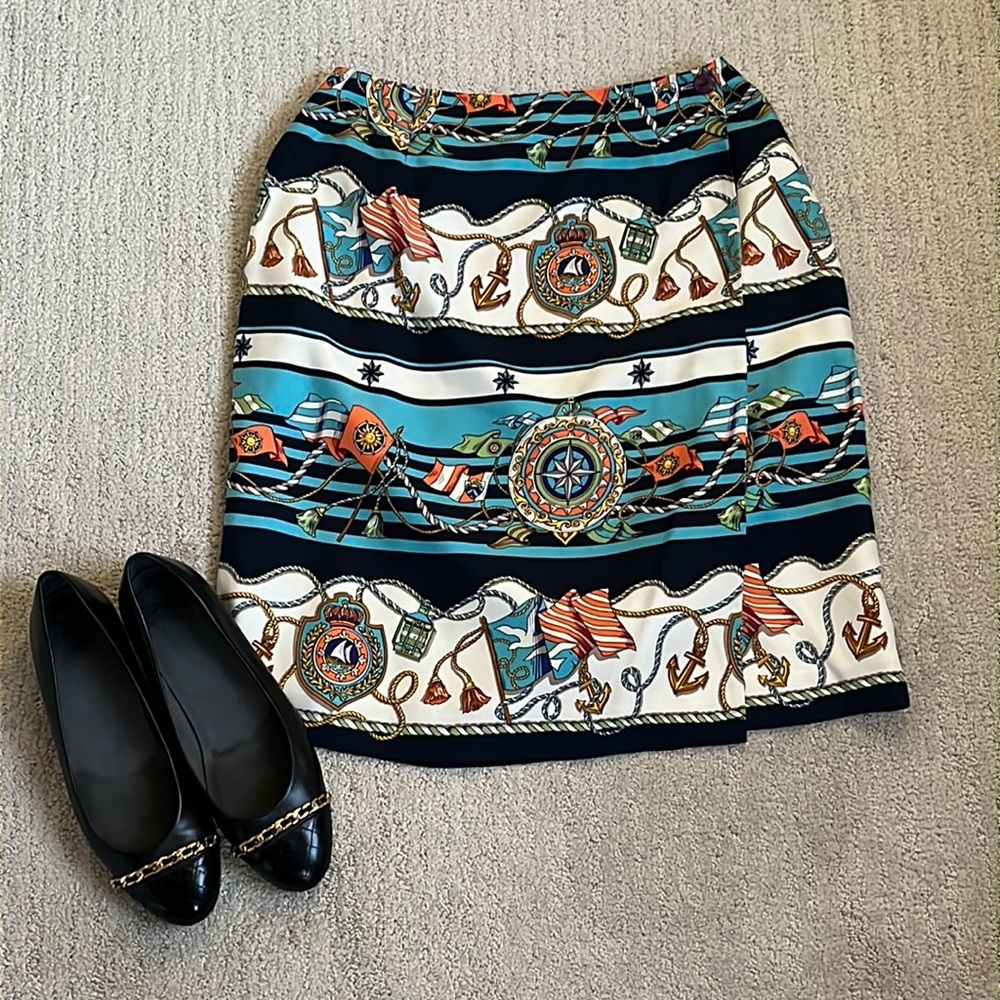 Talbots Nautical Print Silk Wrap Skirt Size 4 EUC